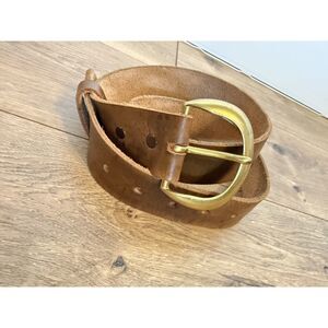 VINTAGE vtg Vintage Solid Brass Leather Buckle brown belt western cowboy